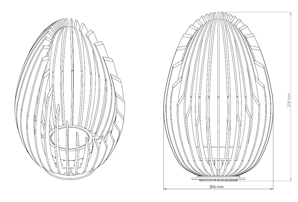 Technical drawing of a spherical object with internal structure and dimensions on a white background